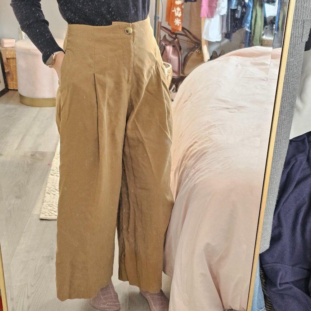 ZARA XS High Rise Mustard/Brown Viscose Linen  Wide Leg Trousers With Pockets